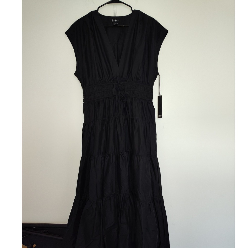 Nicole Miller New York Black Cotton V-Neck Smocked Tiered Midi Dress XL NEW